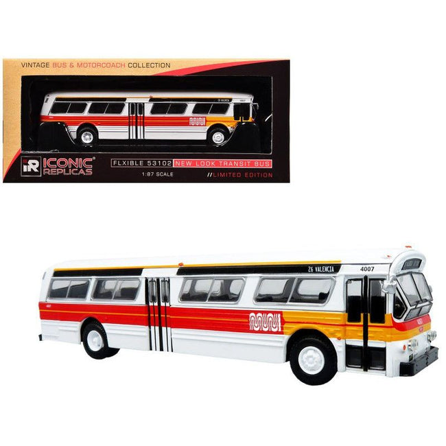 Flxible 53102 New Look Transit Bus "San Francisco MUNI - Landor Scheme" White with Red and Yellow Stripes "Vintage Bus & Motorcoach Collection" Limited Edition 1/87 (HO) Diecast Model by Iconic Replicas - Iconic Replicas - ModelCars.com
