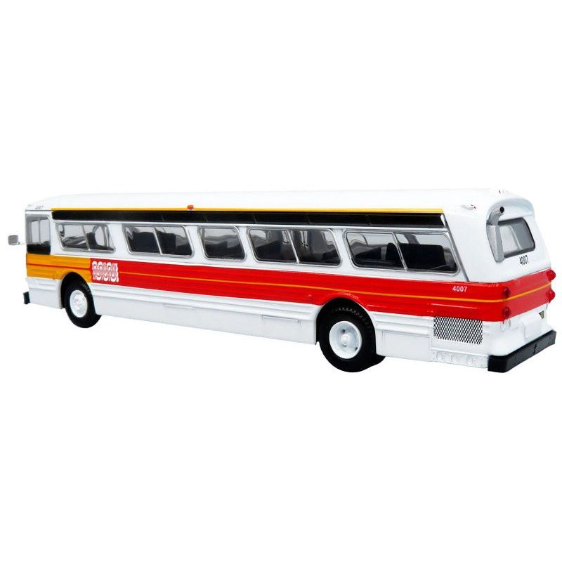 Flxible 53102 New Look Transit Bus "San Francisco MUNI - Landor Scheme" White with Red and Yellow Stripes "Vintage Bus & Motorcoach Collection" Limited Edition 1/87 (HO) Diecast Model by Iconic Replicas-Iconic Replicas-ModelCars.com