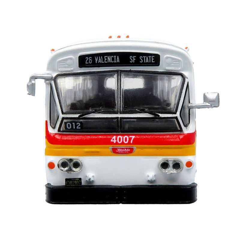 Flxible 53102 New Look Transit Bus "San Francisco MUNI - Landor Scheme" White with Red and Yellow Stripes "Vintage Bus & Motorcoach Collection" Limited Edition 1/87 (HO) Diecast Model by Iconic Replicas - Iconic Replicas - ModelCars.com