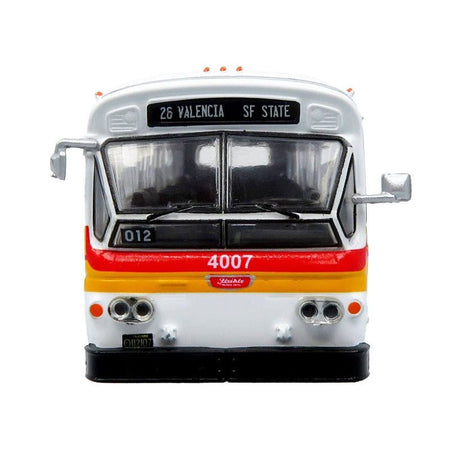 Flxible 53102 New Look Transit Bus "San Francisco MUNI - Landor Scheme" White with Red and Yellow Stripes "Vintage Bus & Motorcoach Collection" Limited Edition 1/87 (HO) Diecast Model by Iconic Replicas - Iconic Replicas - ModelCars.com