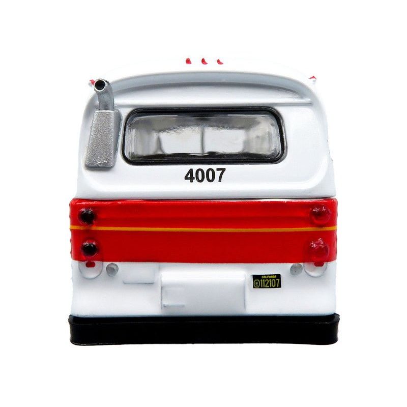 Flxible 53102 New Look Transit Bus "San Francisco MUNI - Landor Scheme" White with Red and Yellow Stripes "Vintage Bus & Motorcoach Collection" Limited Edition 1/87 (HO) Diecast Model by Iconic Replicas-Iconic Replicas-ModelCars.com