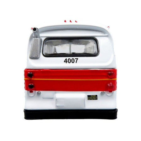 Flxible 53102 New Look Transit Bus "San Francisco MUNI - Landor Scheme" White with Red and Yellow Stripes "Vintage Bus & Motorcoach Collection" Limited Edition 1/87 (HO) Diecast Model by Iconic Replicas - Iconic Replicas - ModelCars.com