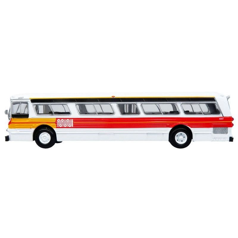 Flxible 53102 New Look Transit Bus "San Francisco MUNI - Landor Scheme" White with Red and Yellow Stripes "Vintage Bus & Motorcoach Collection" Limited Edition 1/87 (HO) Diecast Model by Iconic Replicas-Iconic Replicas-ModelCars.com