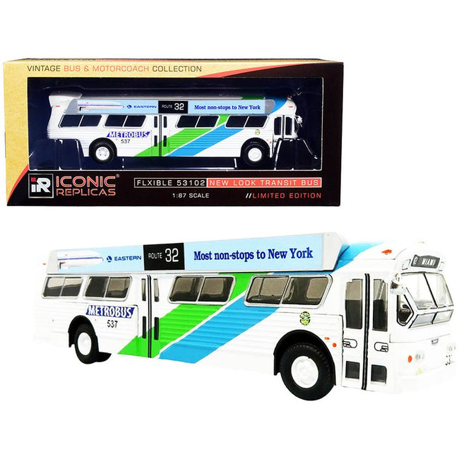 Flxible 53102 Transit Bus 32 "Miami" Metrobus (Florida) with Bus - O - Rama Boards "Eastern Airlines" White with Green and Blue Stripes "Vintage Bus & Motorcoach Collection" 1/87 (HO) Diecast Model by Iconic Replicas - Iconic Replicas - ModelCars.com