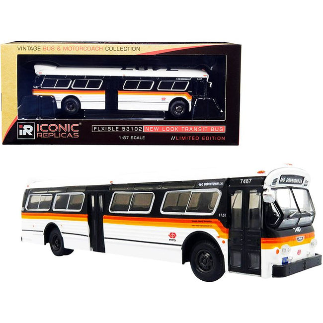 Flxible 53102 Transit Bus 460 "Downtown LA" RTD Los Angeles (California) White and Black with Stripes "Vintage Bus & Motorcoach Collection" 1/87 (HO) Diecast Model by Iconic Replicas - Iconic Replicas - ModelCars.com