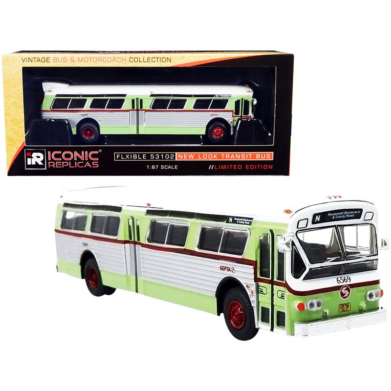 Flxible 53102 Transit Bus N "Roosevelt Blvd. & Comly Road" SEPTA Philadelphia (Pennsylvania) Light Green and Silver with White Top "Vintage Bus & Motorcoach Collection" 1/87 (HO) Diecast Model by Iconic Replicas - Iconic Replicas - ModelCars.com