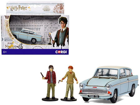 Flying Ford Anglia RHD (Right Hand Drive) Light Blue with White Top (Weathered) with Harry and Ron Figures "Harry Potter" Movie Series Diecast Model by Corgi-Corgi-ModelCars.com