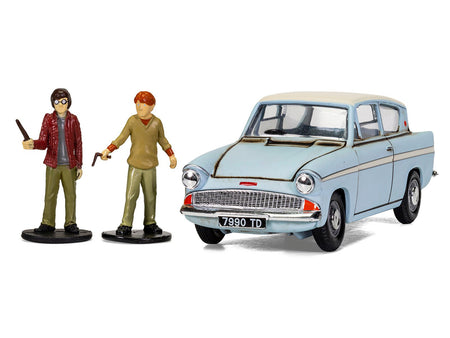 Flying Ford Anglia RHD (Right Hand Drive) Light Blue with White Top (Weathered) with Harry and Ron Figures "Harry Potter" Movie Series Diecast Model by Corgi-Corgi-ModelCars.com