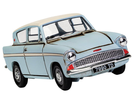 Flying Ford Anglia RHD (Right Hand Drive) Light Blue with White Top (Weathered) with Harry and Ron Figures "Harry Potter" Movie Series Diecast Model by Corgi-Corgi-ModelCars.com