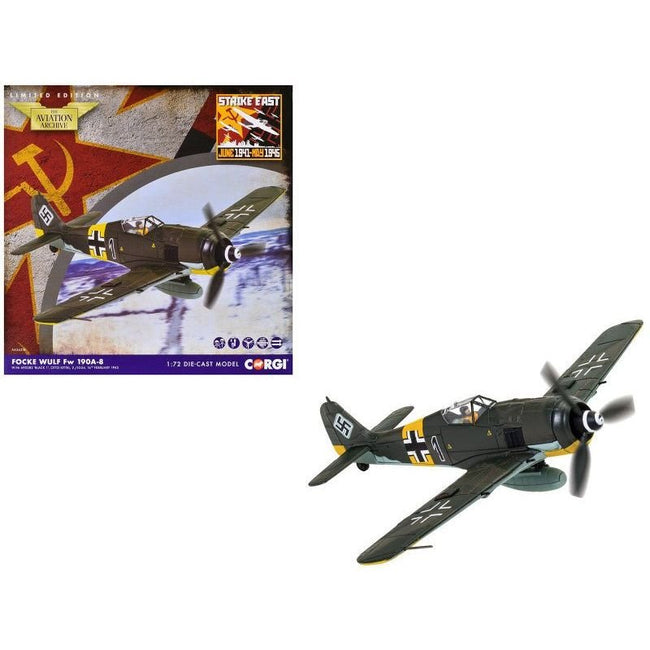 Focke-Wulf Fw 190A-8 Fighter Aircraft "Black 1 Oberleutnant Otto Kittel 2./JG54" (1945) German Luftwaffe "The Aviation Archive" Series 1/72 Diecast Model by Corgi-Corgi-ModelCars.com