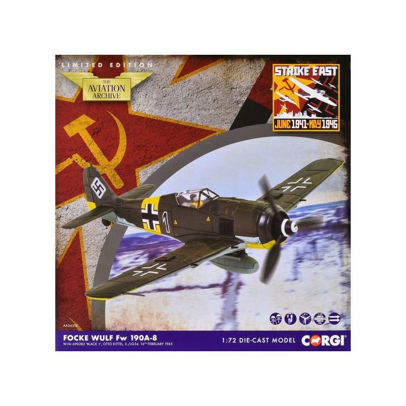 Focke-Wulf Fw 190A-8 Fighter Aircraft "Black 1 Oberleutnant Otto Kittel 2./JG54" (1945) German Luftwaffe "The Aviation Archive" Series 1/72 Diecast Model by Corgi-Corgi-ModelCars.com