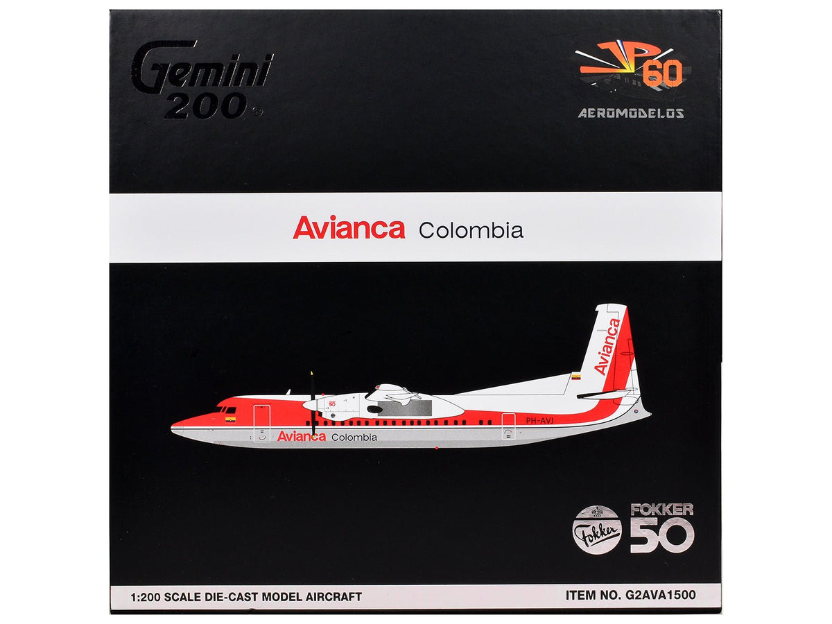 Fokker F50 Commercial Aircraft "Avianca Colombia" (PH-AVJ) White with Red Stripes "Gemini 200" Series 1/200 Diecast Model Airplane by GeminiJets-GeminiJets-ModelCars.com