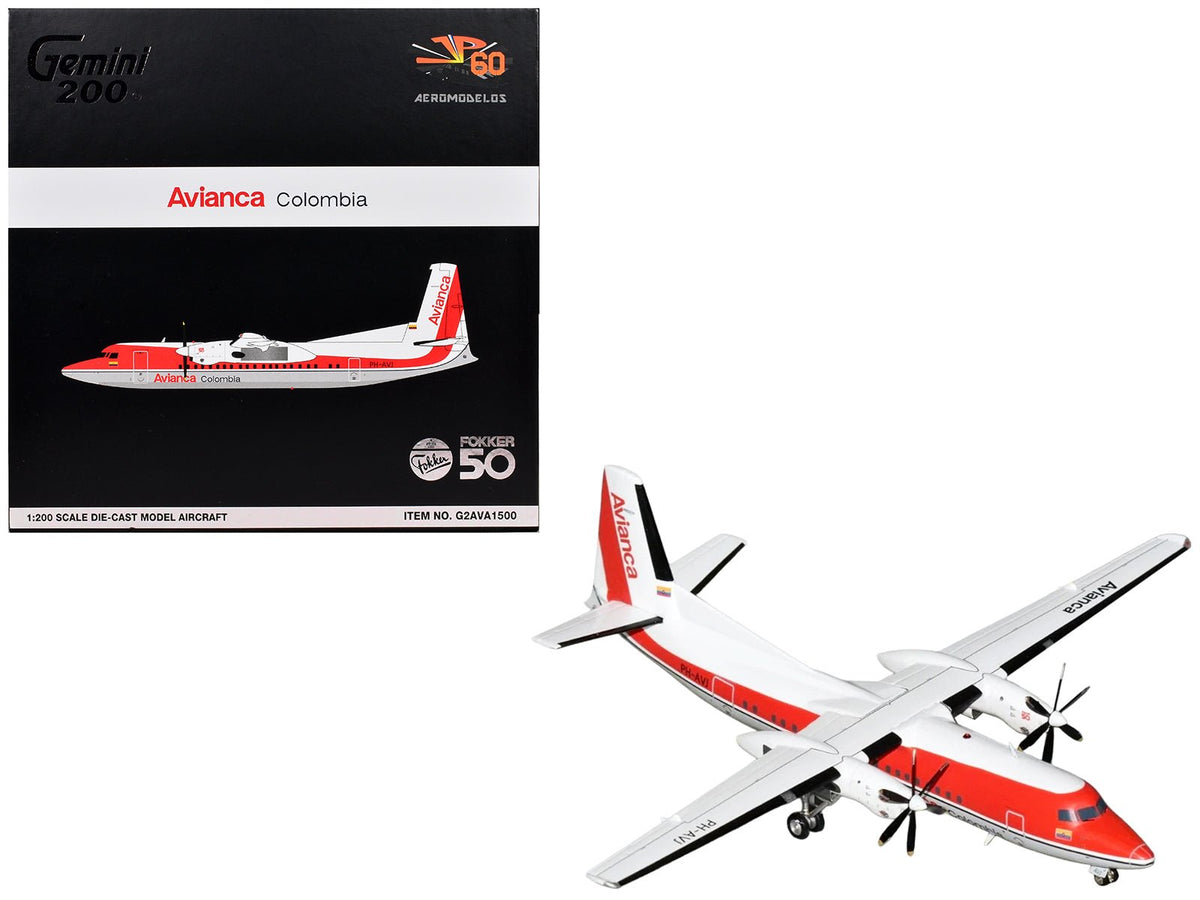 Fokker F50 Commercial Aircraft "Avianca Colombia" (PH-AVJ) White with Red Stripes "Gemini 200" Series 1/200 Diecast Model Airplane by GeminiJets-GeminiJets-ModelCars.com