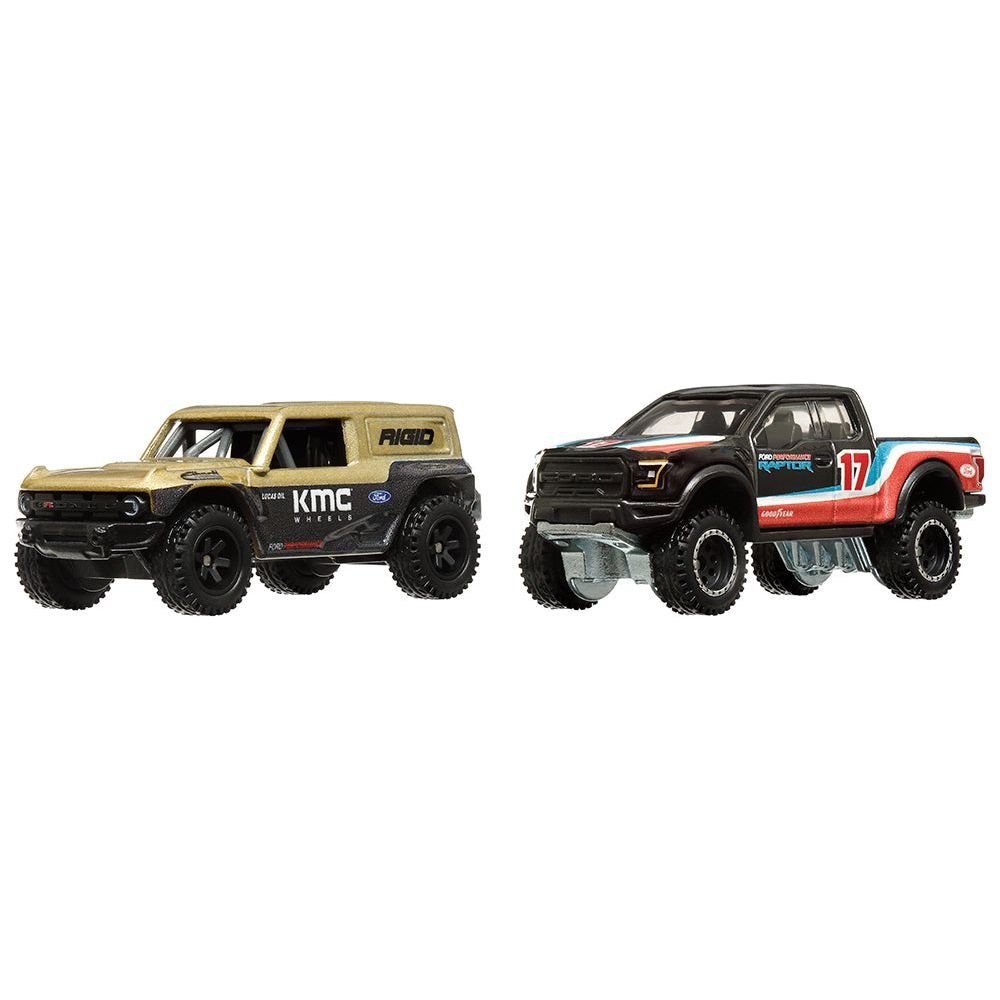 Ford Bronco R Gold Metallic and Black and 2017 Ford F-150 Raptor Pickup Truck #17 Black with Stripes "Car Culture" Set of 2 Cars Diecast Model Cars by Hot Wheels-Hotwheels-ModelCars.com