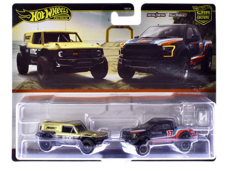 Ford Bronco R Gold Metallic and Black and 2017 Ford F-150 Raptor Pickup Truck #17 Black with Stripes "Car Culture" Set of 2 Cars Diecast Model Cars by Hot Wheels-Hotwheels-ModelCars.com