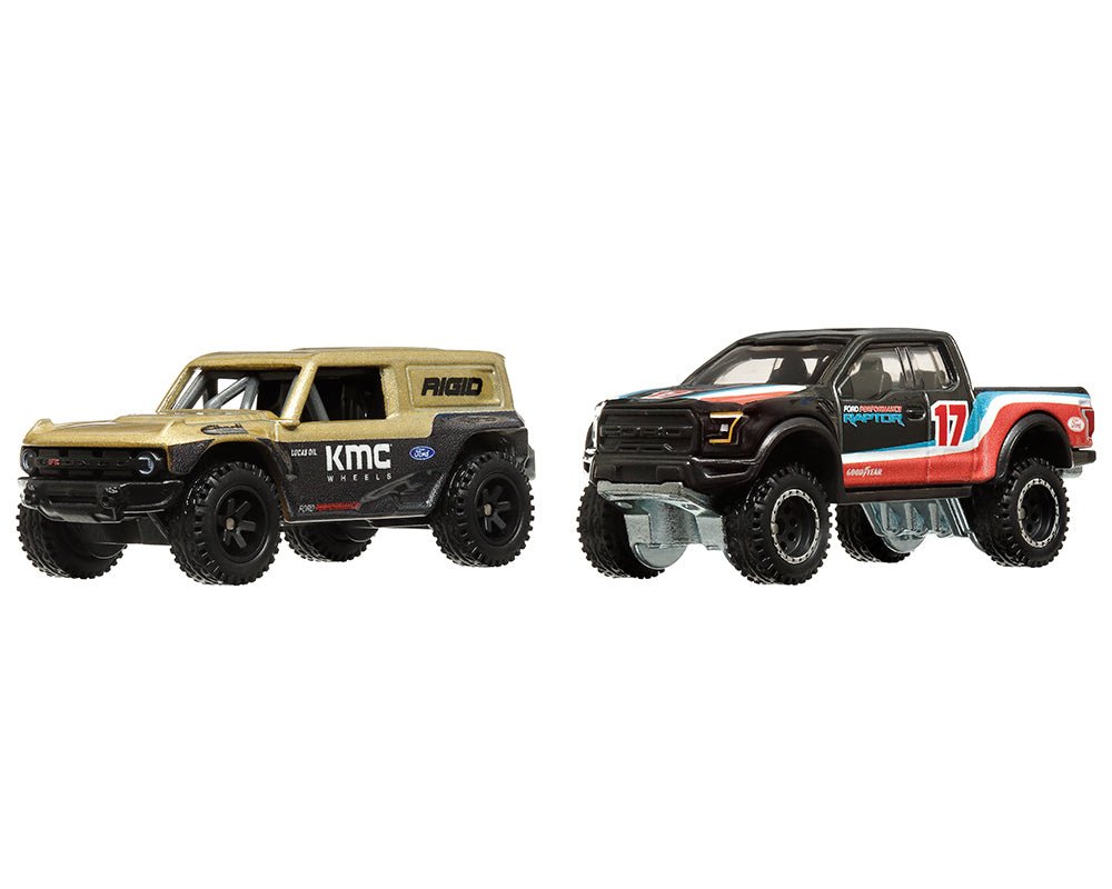 Ford Bronco R Gold Metallic and Black and 2017 Ford F-150 Raptor Pickup Truck #17 Black with Stripes "Car Culture" Set of 2 Cars Diecast Model Cars by Hot Wheels-Hotwheels-ModelCars.com