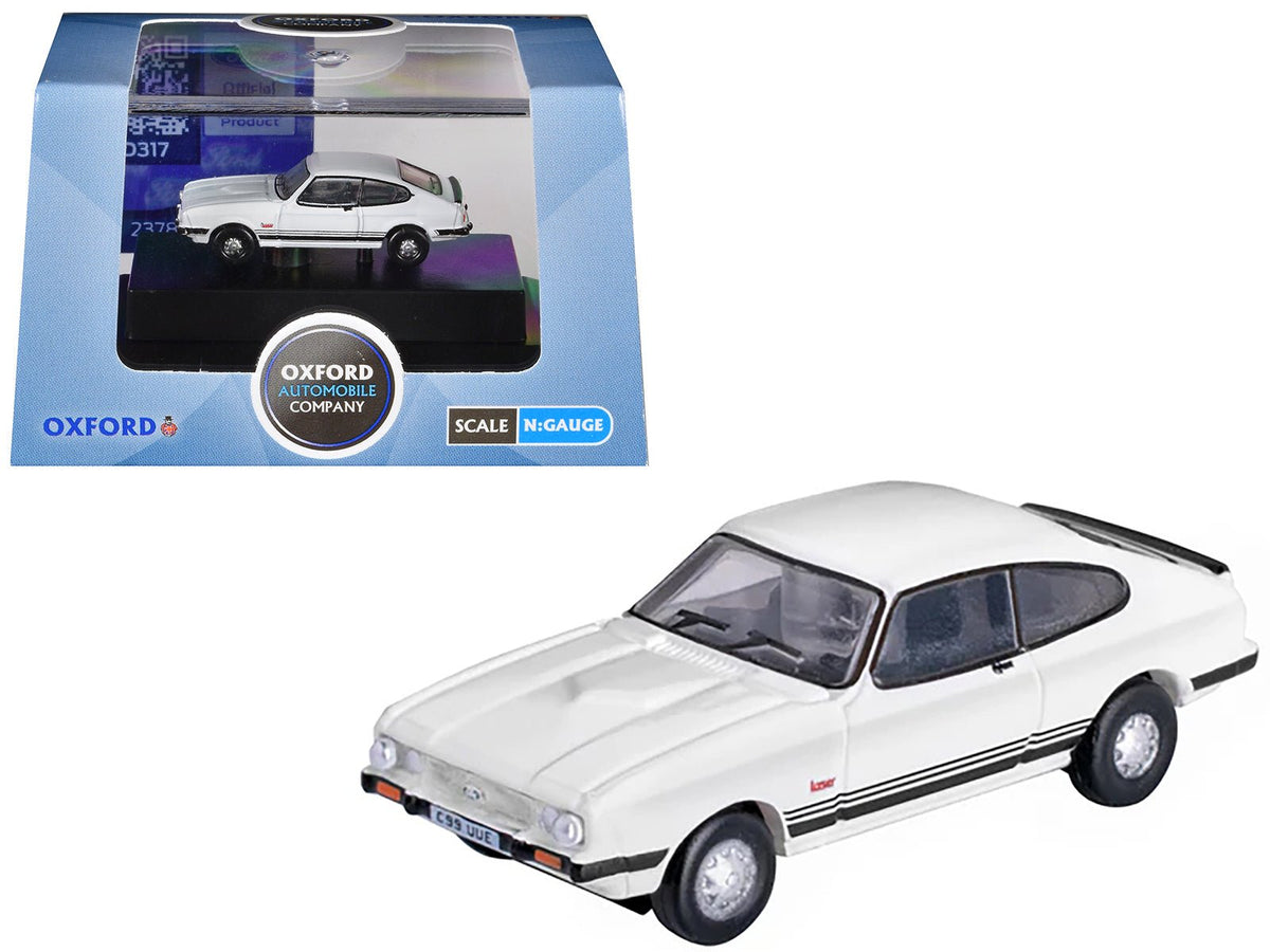 Ford Capri Mk3 RHD (Right Hand Drive) Diamond White with Black Stripes 1/148 (N) Scale Diecast Model Car by Oxford Diecast-Oxford Diecast-ModelCars.com