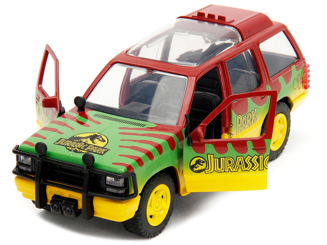 Ford Explorer Red and Yellow with Green Graphics "Jurassic Park" (1993) Movie 30th Anniversary "Hollywood Rides" Series 1/32 Diecast Model Car by Jada-Jada-ModelCars.com