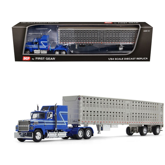 Ford LTL 9000 60" Aerodyne Sleeper with Wilson PSAL Stockmaster Livestock Trailer Blue with Stripes 1/64 Diecast Model by DCP/First Gear-First Gear-ModelCars.com