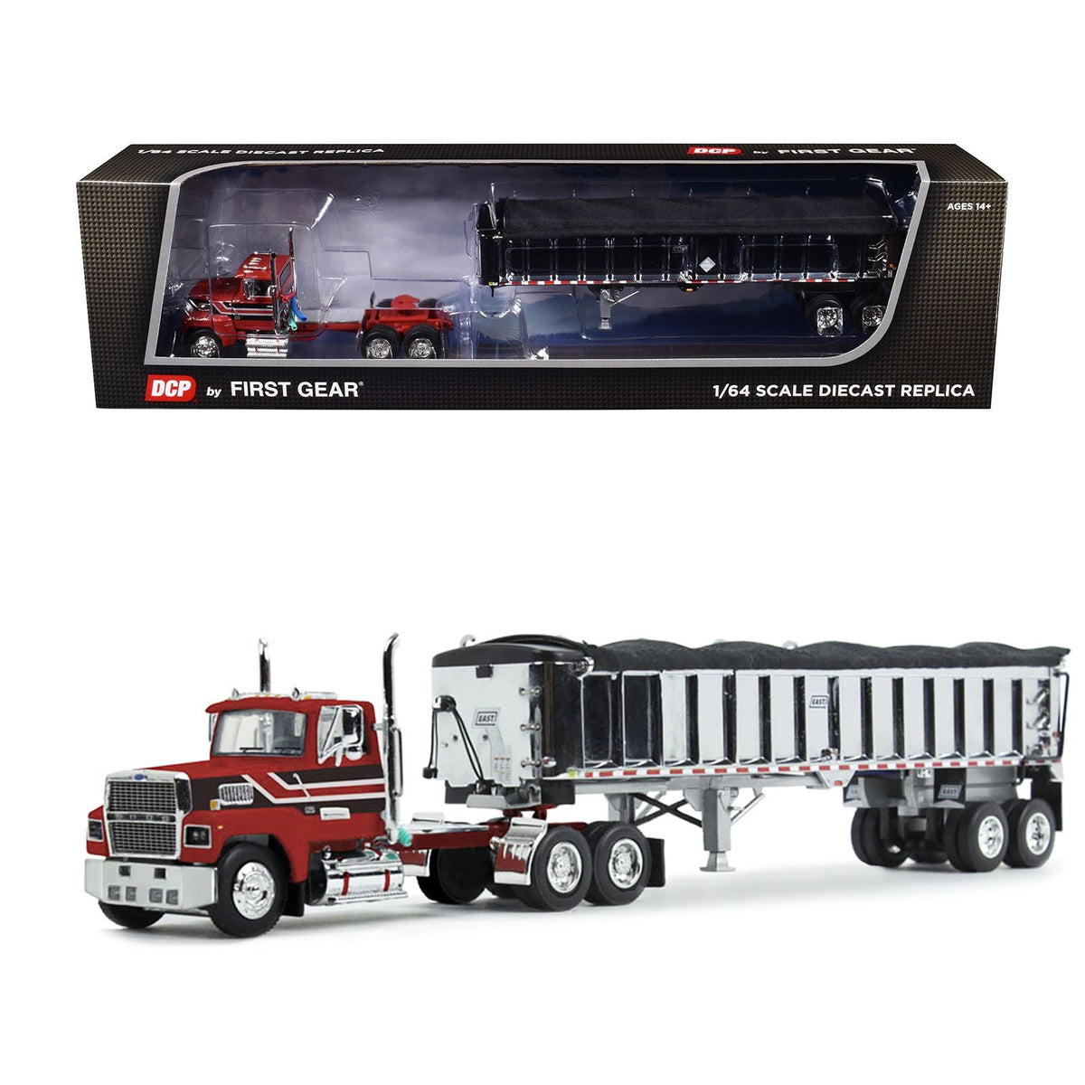 Ford LTL 9000 Day Cab with East End Dump Trailer Red and Black 1/64 Diecast Model by DCP/First Gear-First Gear-ModelCars.com