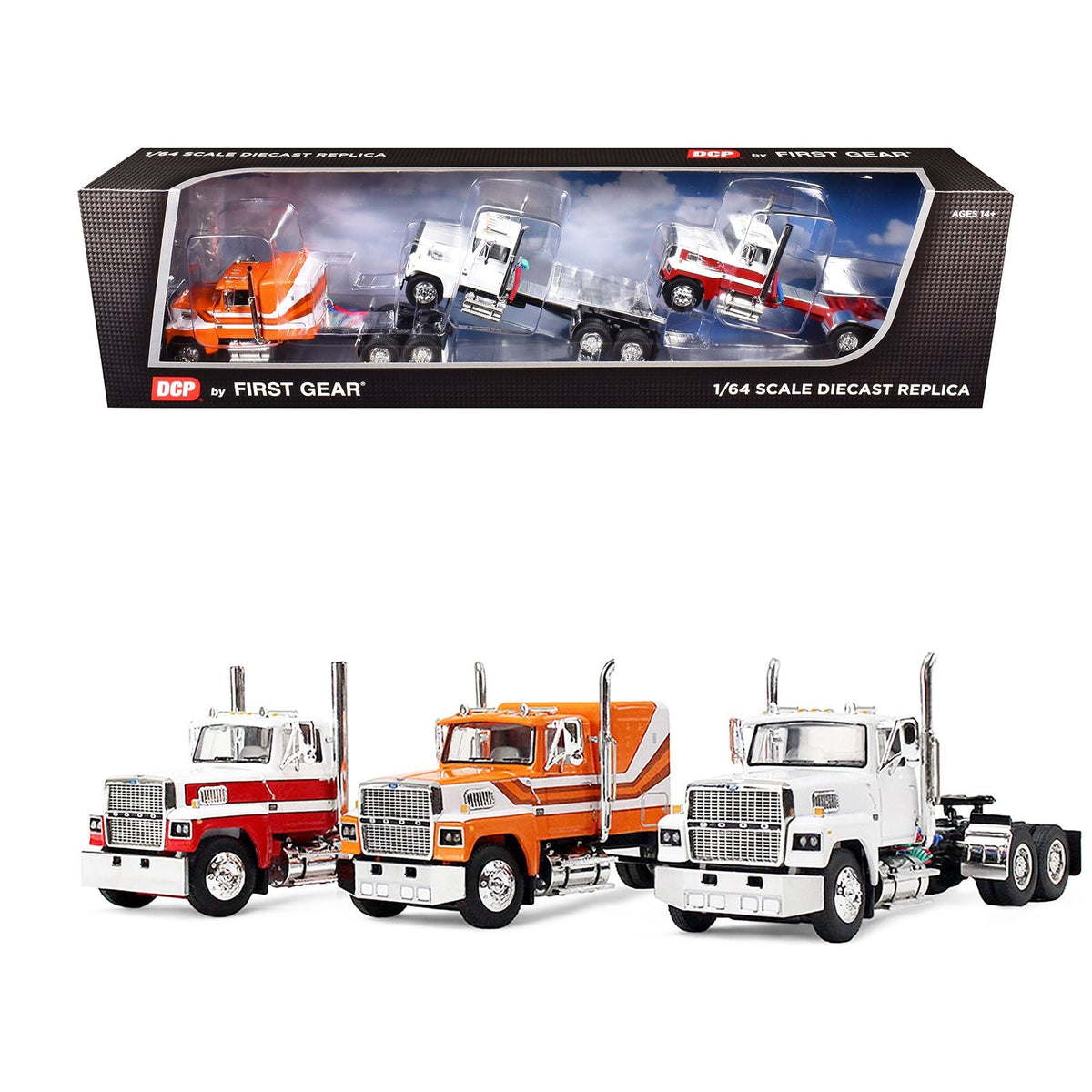 Ford LTL 9000 Trio Set (Two Day Cabs and One 60" Flat Top Sleeper) 1/64 Diecast Model by DCP/First Gear-First Gear-ModelCars.com