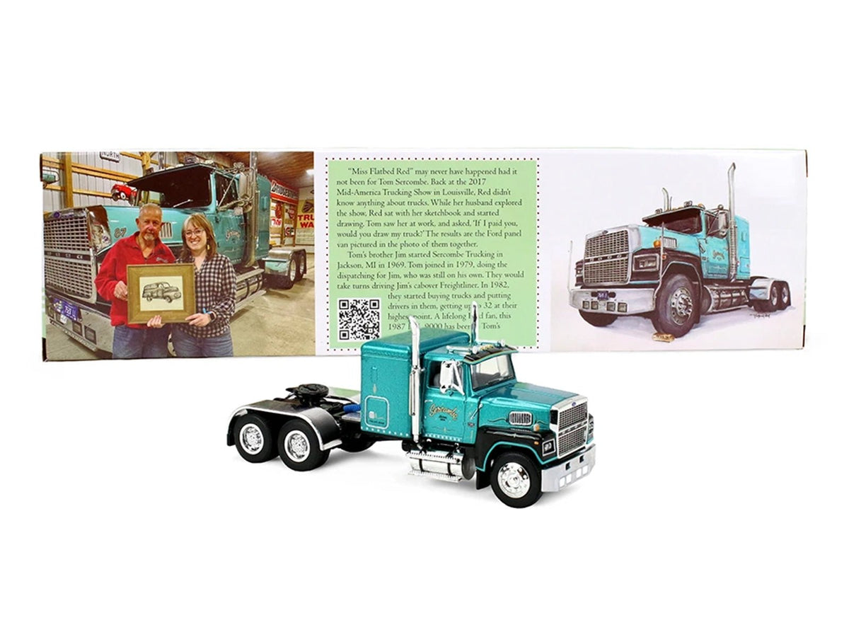 Ford LTL 9000 with 48" Flat Top Sleeper and 53' Utility Trailer with Reefer "Red’s Favorites - Tom Sercombe" Turquoise Metallic 1/64 Diecast Model by First Gear-First Gear-ModelCars.com