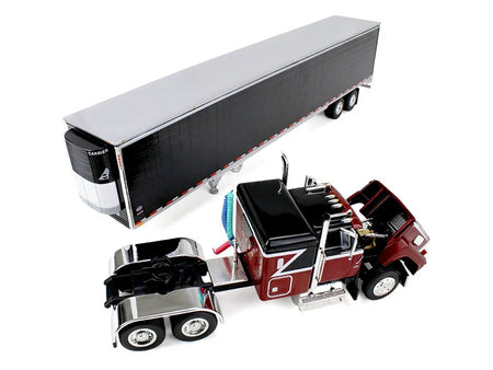 Ford LTL 9000 with 48" Flat Top Sleeper and 53' Utility Trailer with Reefer Volcano Red and Black 1/64 Diecast Model by First Gear-First Gear-ModelCars.com