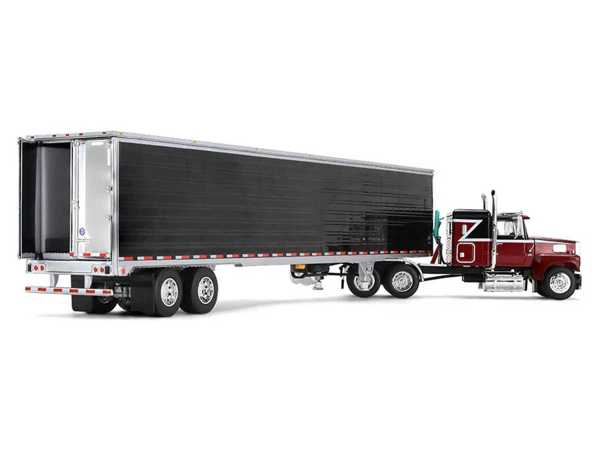 Ford LTL 9000 with 48" Flat Top Sleeper and 53' Utility Trailer with Reefer Volcano Red and Black 1/64 Diecast Model by First Gear-First Gear-ModelCars.com