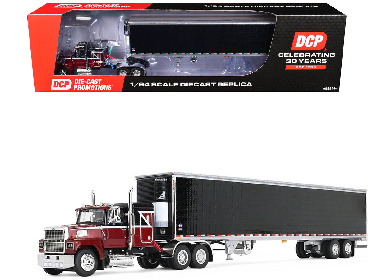 Ford LTL 9000 with 48" Flat Top Sleeper and 53' Utility Trailer with Reefer Volcano Red and Black 1/64 Diecast Model by First Gear-First Gear-ModelCars.com