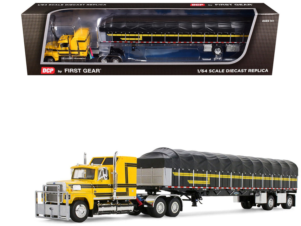 Ford LTL 9000 with 60" Aerodyne Sleeper and 53' Wilson Roadbrute Flatbed Trailer with Covered Wagon Yellow with Black Stripes 1/64 Diecast Model by DCP/First Gear-First Gear-ModelCars.com