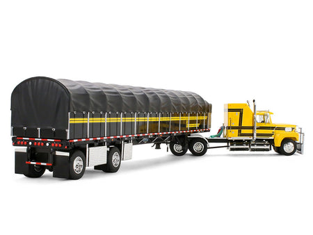 Ford LTL 9000 with 60" Aerodyne Sleeper and 53' Wilson Roadbrute Flatbed Trailer with Covered Wagon Yellow with Black Stripes 1/64 Diecast Model by DCP/First Gear-First Gear-ModelCars.com