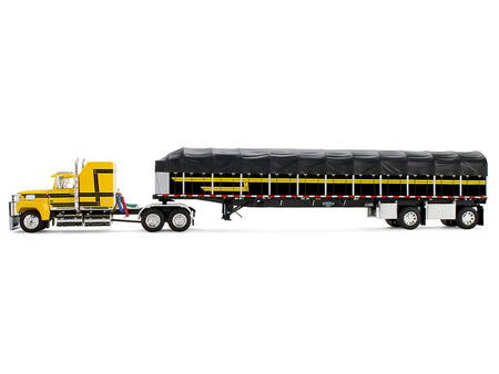 Ford LTL 9000 with 60" Aerodyne Sleeper and 53' Wilson Roadbrute Flatbed Trailer with Covered Wagon Yellow with Black Stripes 1/64 Diecast Model by DCP/First Gear-First Gear-ModelCars.com