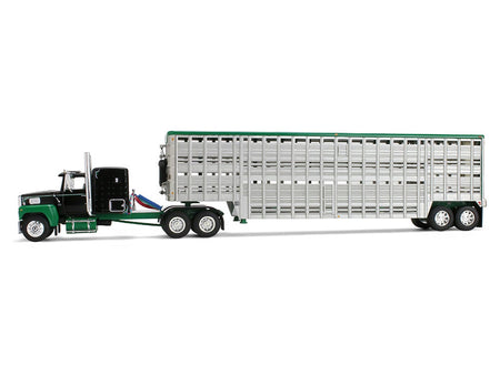 Ford LTL 9000 with 60" Flat Top Sleeper and 45' Wilson Vintage Livestock Trailer Black and Green 1/64 Diecast Model by DCP/First Gear-First Gear-ModelCars.com