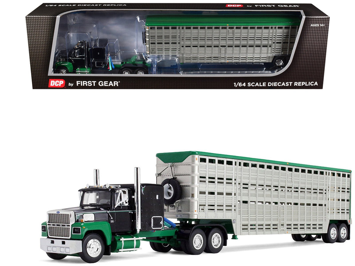 Ford LTL 9000 with 60" Flat Top Sleeper and 45' Wilson Vintage Livestock Trailer Black and Green 1/64 Diecast Model by DCP/First Gear-First Gear-ModelCars.com