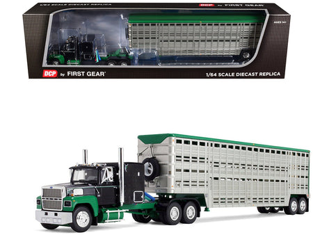 Ford LTL 9000 with 60" Flat Top Sleeper and 45' Wilson Vintage Livestock Trailer Black and Green 1/64 Diecast Model by DCP/First Gear-First Gear-ModelCars.com