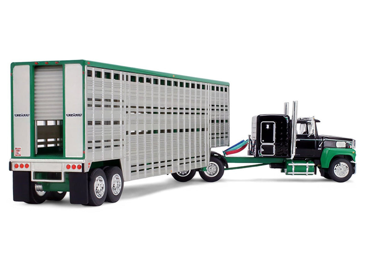 Ford LTL 9000 with 60" Flat Top Sleeper and 45' Wilson Vintage Livestock Trailer Black and Green 1/64 Diecast Model by DCP/First Gear-First Gear-ModelCars.com