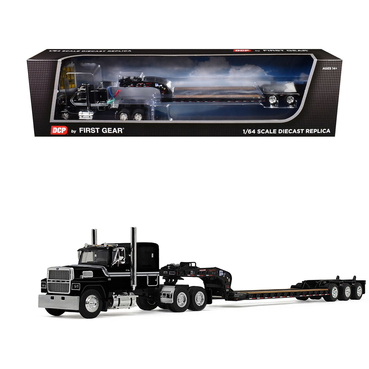 Ford LTL 9000 with 60" Flat Top Sleeper and Fontaine Magnitude Tri-Axle Lowboy Trailer Black 1/64 Diecast Model by DCP/First Gear-First Gear-ModelCars.com