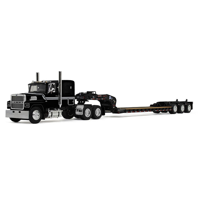 Ford LTL 9000 with 60" Flat Top Sleeper and Fontaine Magnitude Tri-Axle Lowboy Trailer Black 1/64 Diecast Model by DCP/First Gear-First Gear-ModelCars.com