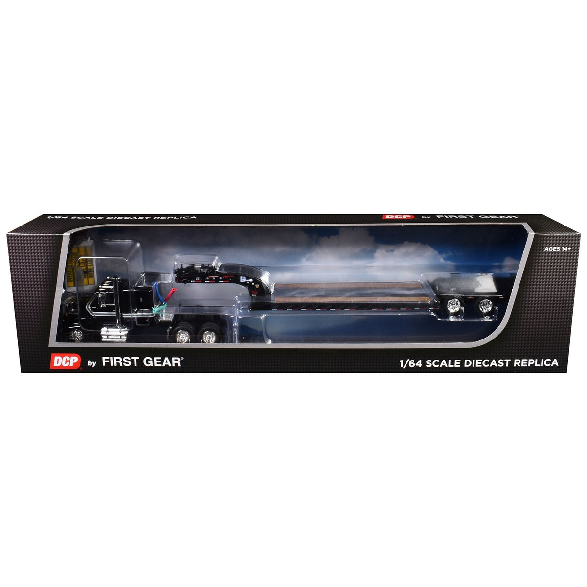 Ford LTL 9000 with 60" Flat Top Sleeper and Fontaine Magnitude Tri-Axle Lowboy Trailer Black 1/64 Diecast Model by DCP/First Gear-First Gear-ModelCars.com