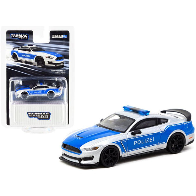 Ford Mustang GT "Polizei" German Police Silver and Blue "Global64" Series 1/64 Diecast Model Car by Tarmac Works - Tarmac Works - ModelCars.com