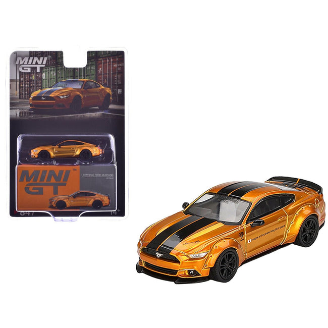 Ford Mustang "LB-Works" LB Gold Metallic with Black Stripes Limited Edition 1/64 Diecast Model Car by Mini GT-Mini GT-ModelCars.com