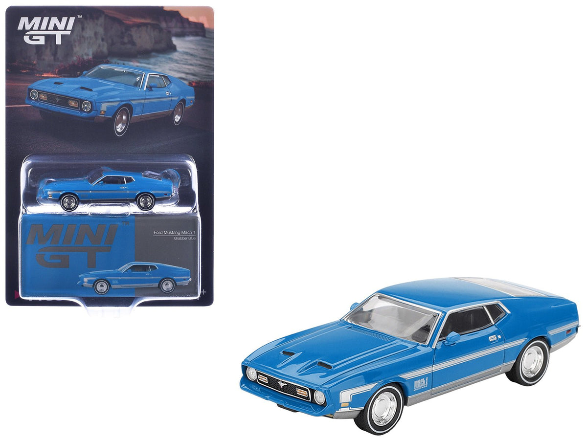 Ford Mustang Mach 1 Grabber Blue with Silver Stripes Limited Edition 1/64 Diecast Model Car by Mini GT-Mini GT-ModelCars.com