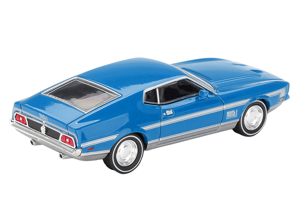 Ford Mustang Mach 1 Grabber Blue with Silver Stripes Limited Edition 1/64 Diecast Model Car by Mini GT-Mini GT-ModelCars.com