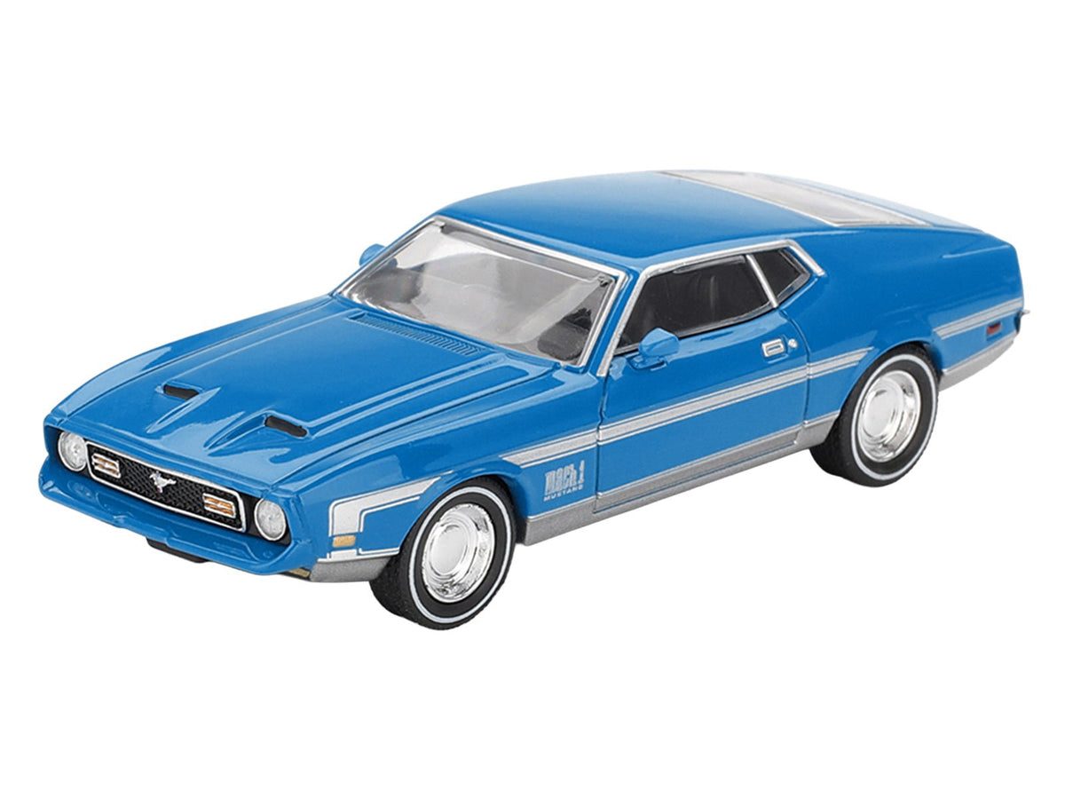 Ford Mustang Mach 1 Grabber Blue with Silver Stripes Limited Edition 1/64 Diecast Model Car by Mini GT-Mini GT-ModelCars.com