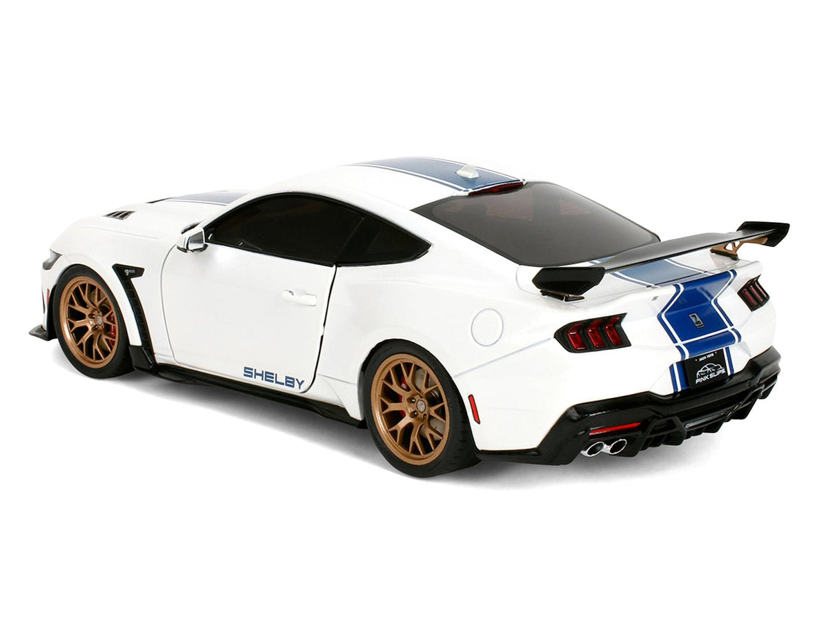 Ford Mustang Shelby Super Snake White Metallic with Blue Stripes and Gold Wheels "Pink Slips" Series 1/18 Diecast Model Car by Jada-Jada-ModelCars.com