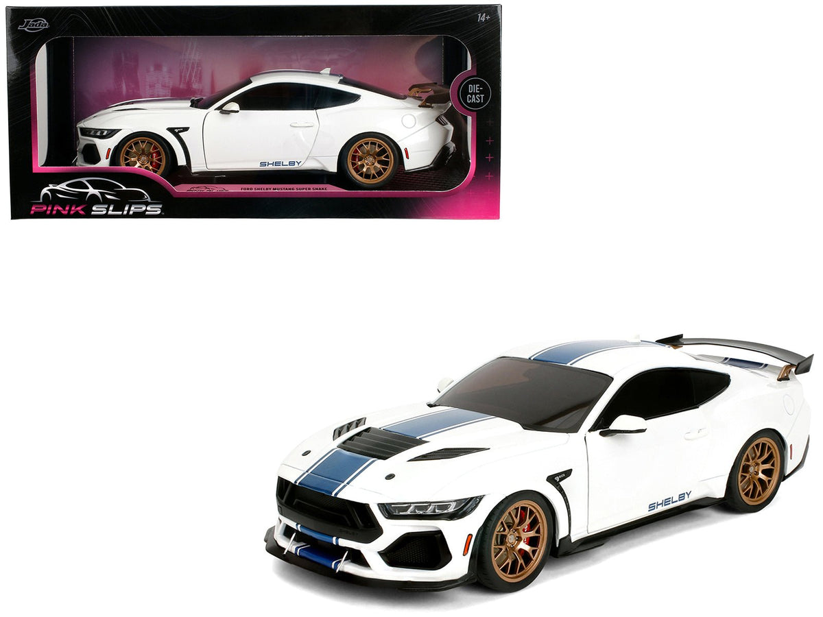 Ford Mustang Shelby Super Snake White Metallic with Blue Stripes and Gold Wheels "Pink Slips" Series 1/18 Diecast Model Car by Jada-Jada-ModelCars.com