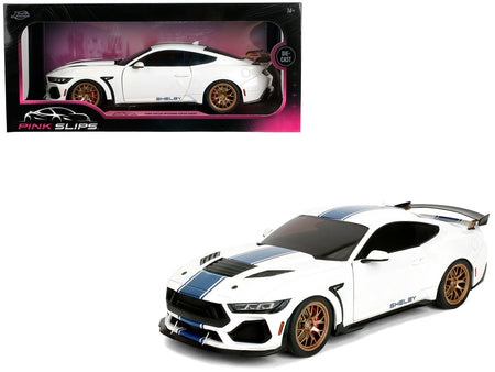 Ford Mustang Shelby Super Snake White Metallic with Blue Stripes and Gold Wheels "Pink Slips" Series 1/18 Diecast Model Car by Jada-Jada-ModelCars.com