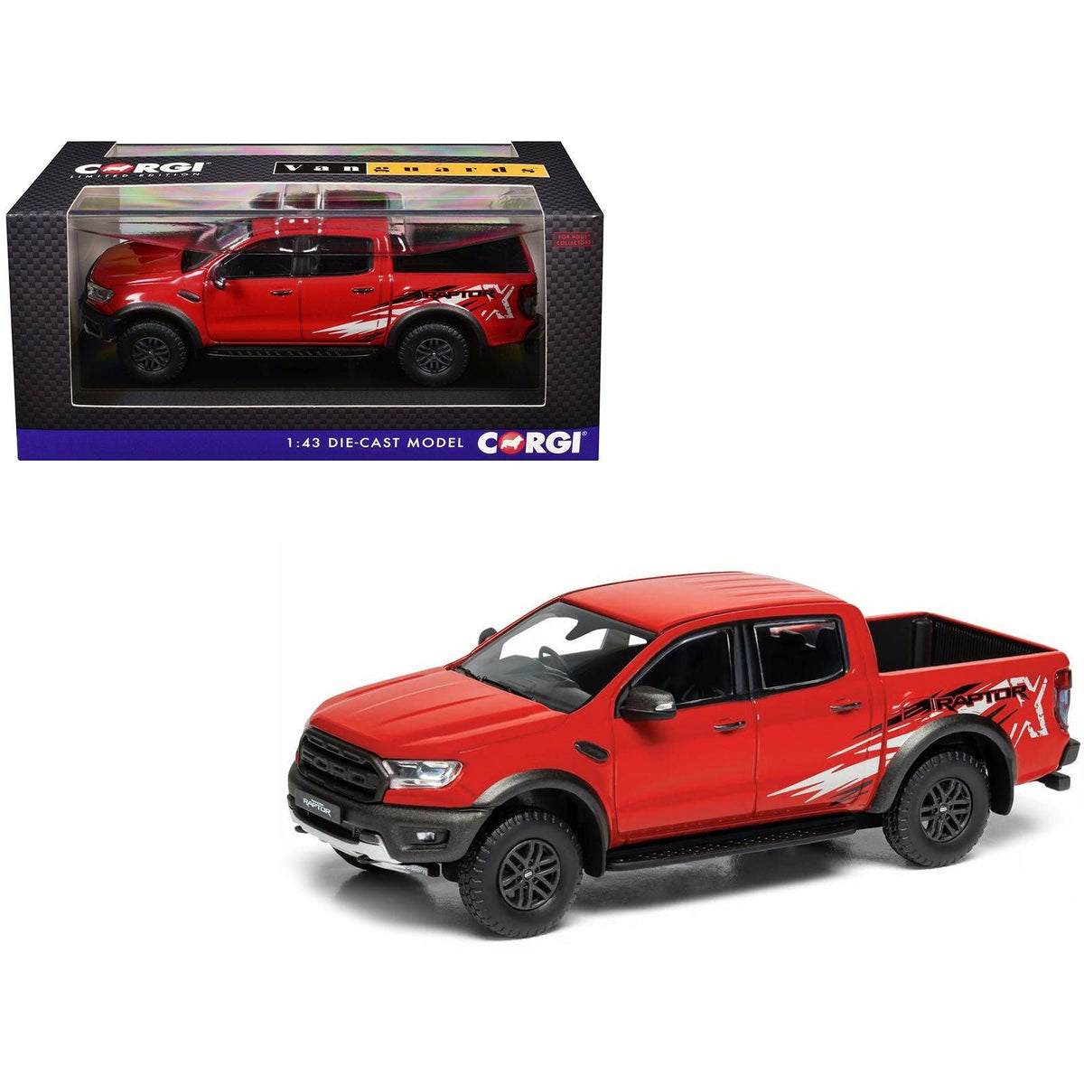 Ford Ranger Raptor X SE Pickup Truck RHD (Right Hand Drive) True Red with Graphics "Vanguards" Series 1/43 Diecast Model Car by Corgi-Corgi-ModelCars.com