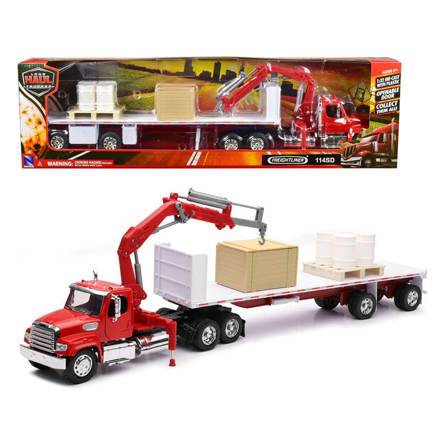 Freightliner 114SD Flatbed Truck with Crane Red with Accessories "Long Haul Trucker" Series 1/32 Diecast Model by New Ray - New Ray - ModelCars.com