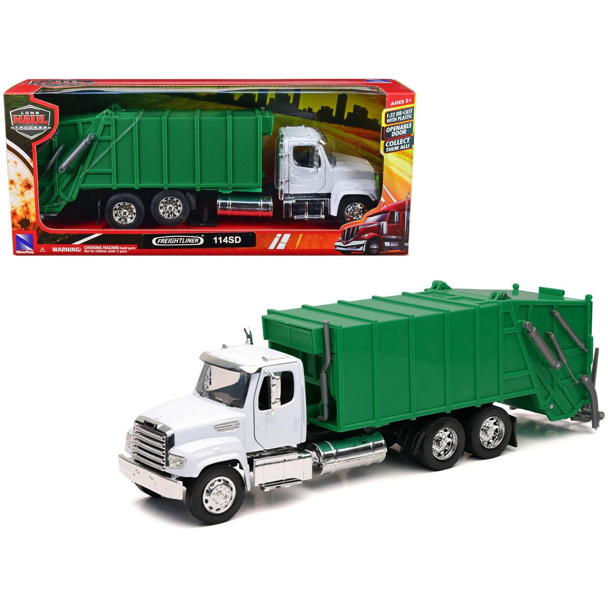 Freightliner 114SD Garbage Truck White and Green "Long Haul Trucker" Series 1/32 Diecast Model by New Ray - New Ray - ModelCars.com